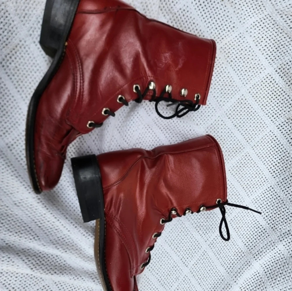 Laredo Red Leather Kiltie Ankle Boots Womens Size 6.5 Lace Up Western Retro Stat - Picture 11 of 16